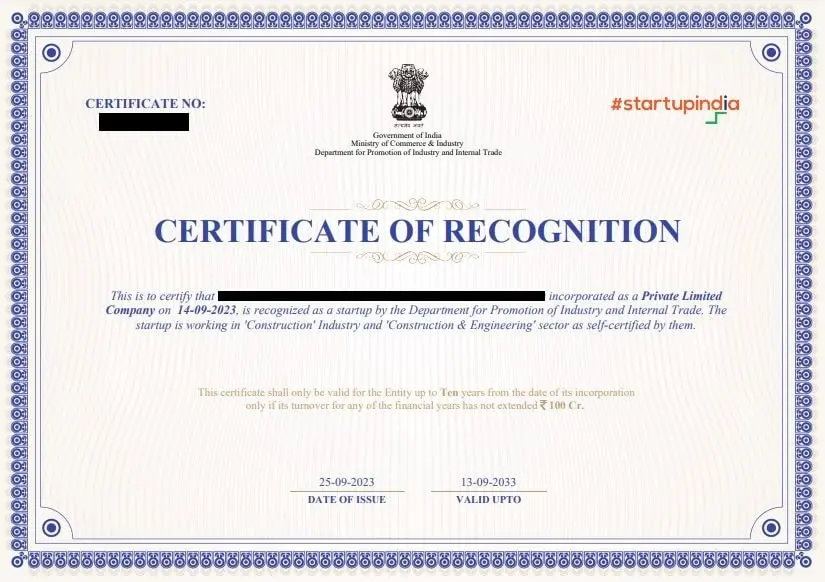 Startup India Registration Certificate