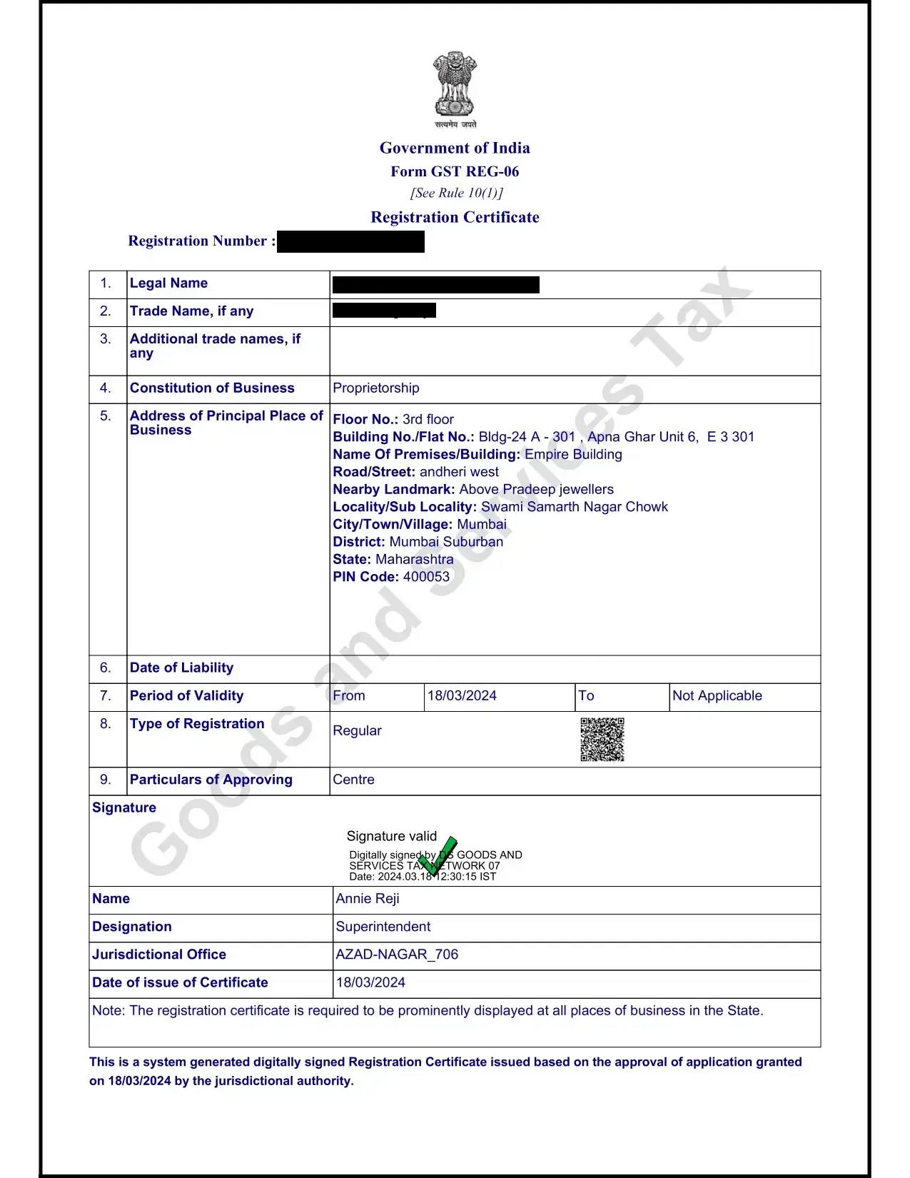 GST Certificate 1 GST Registration certificate, GST Certificate