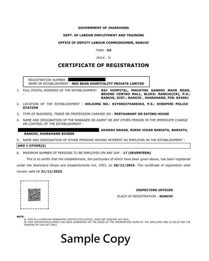 Shop and Establishment Registration - Jharkhand_Certificate