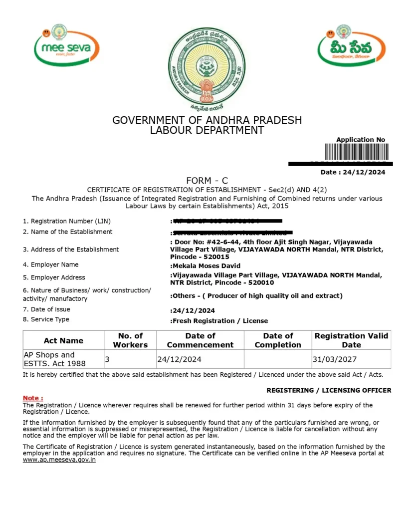 andhra pradesh shop and establishment certificate sample