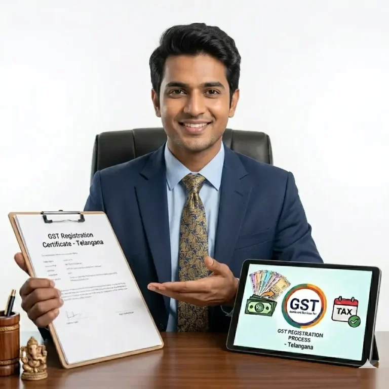 Man holding a GST Registration certificate and displaying information on a tablet.