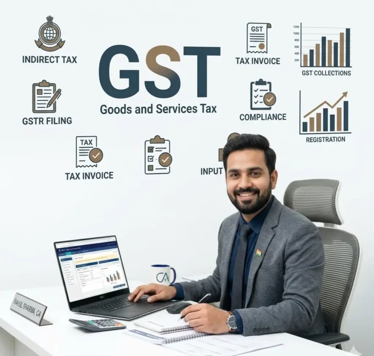 Documents Required for GST Registration 1 Professional smiling man at desk with GST-related graphics in the background.