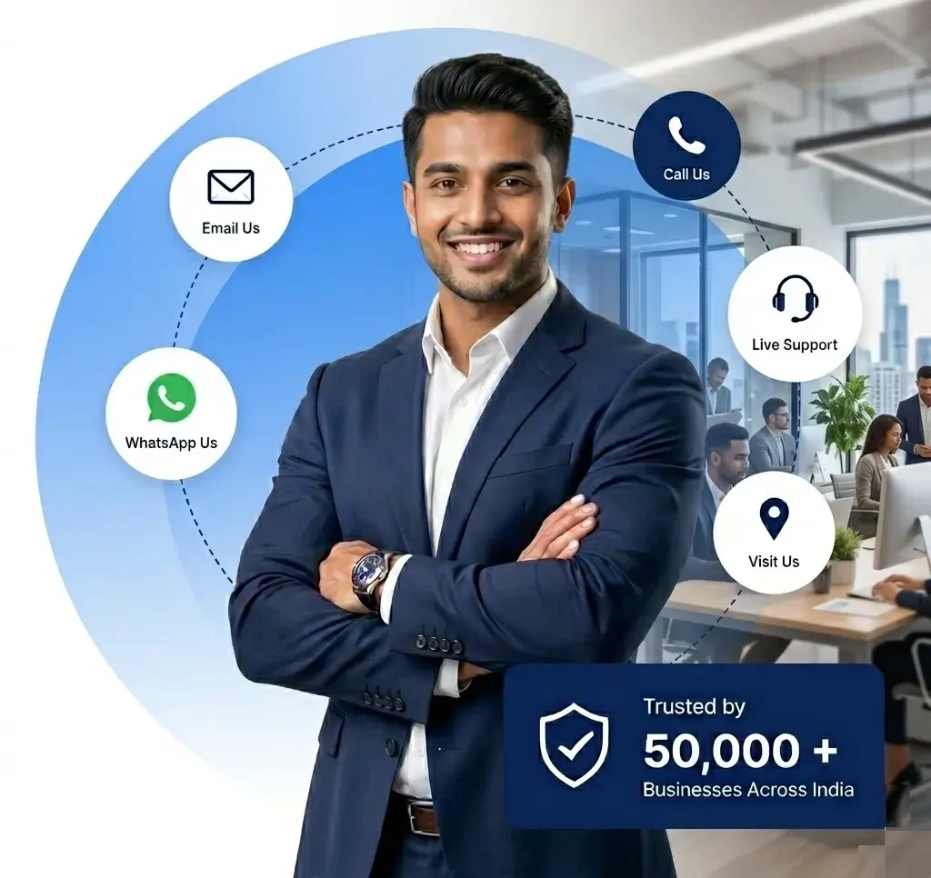 Contact Us 1 Businessman promoting multiple contact options in an office environment.