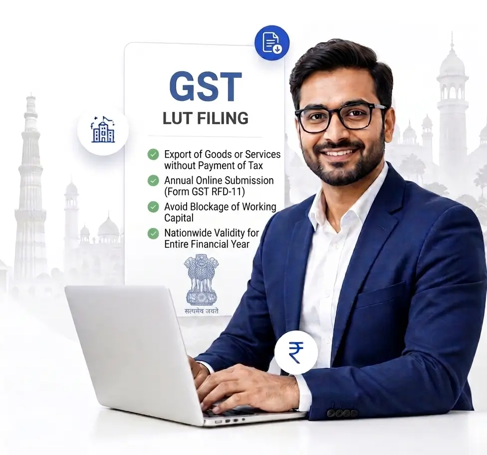LUT in GST 1 Professional man working on a laptop discussing GST LUT filing benefits.
