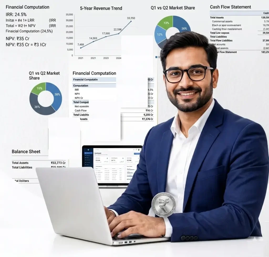 Business professional analyzing financial data on a laptop with charts and graphs in the background.