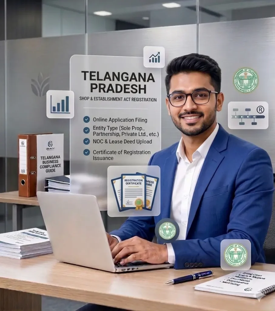 Shop and Establishment Registration in Telangana 1 Man working on a laptop with Telangana business registration documents.