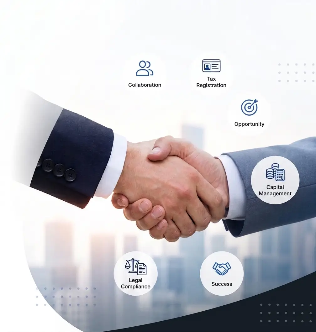 Two hands shaking with icons representing collaboration and business success.