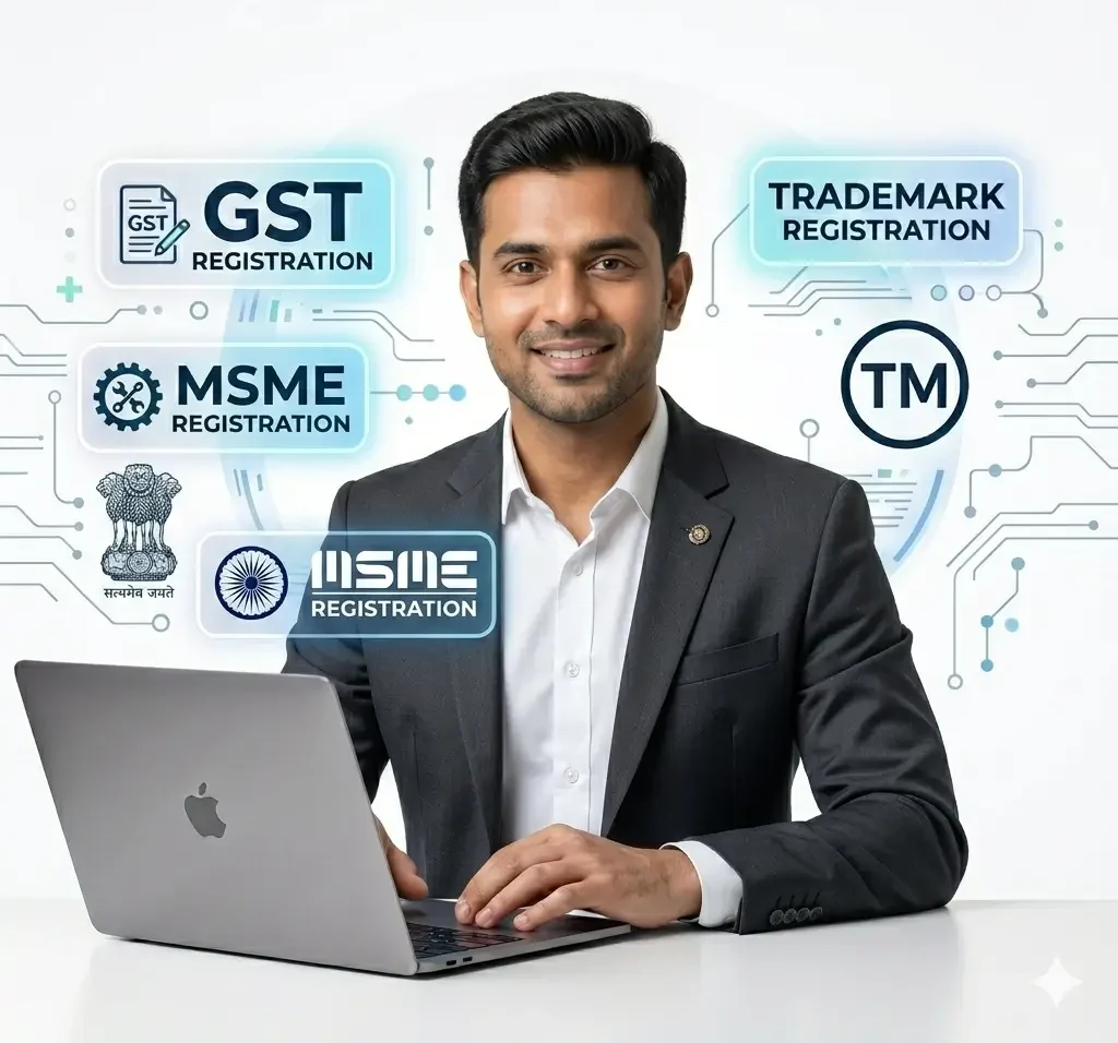 Businessman with laptop, showcasing GST, MSME, and Trademark registration symbols.