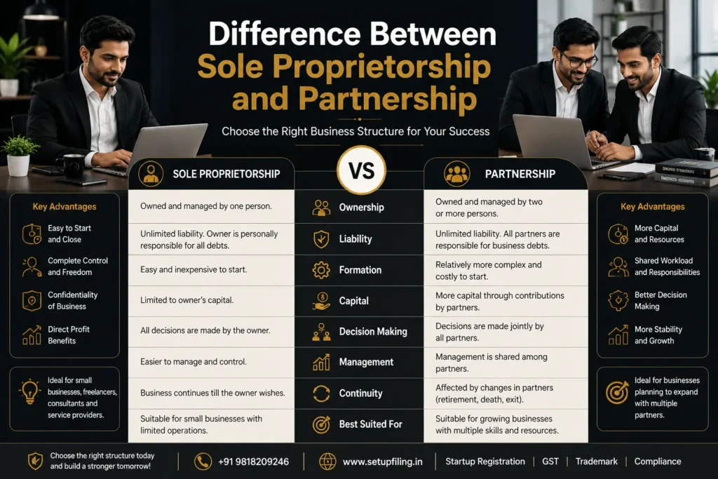 Infographic explaining the Difference Between Sole Proprietorship and Partnership, comparing ownership, liability, capital, management, taxation, and business registration in India.