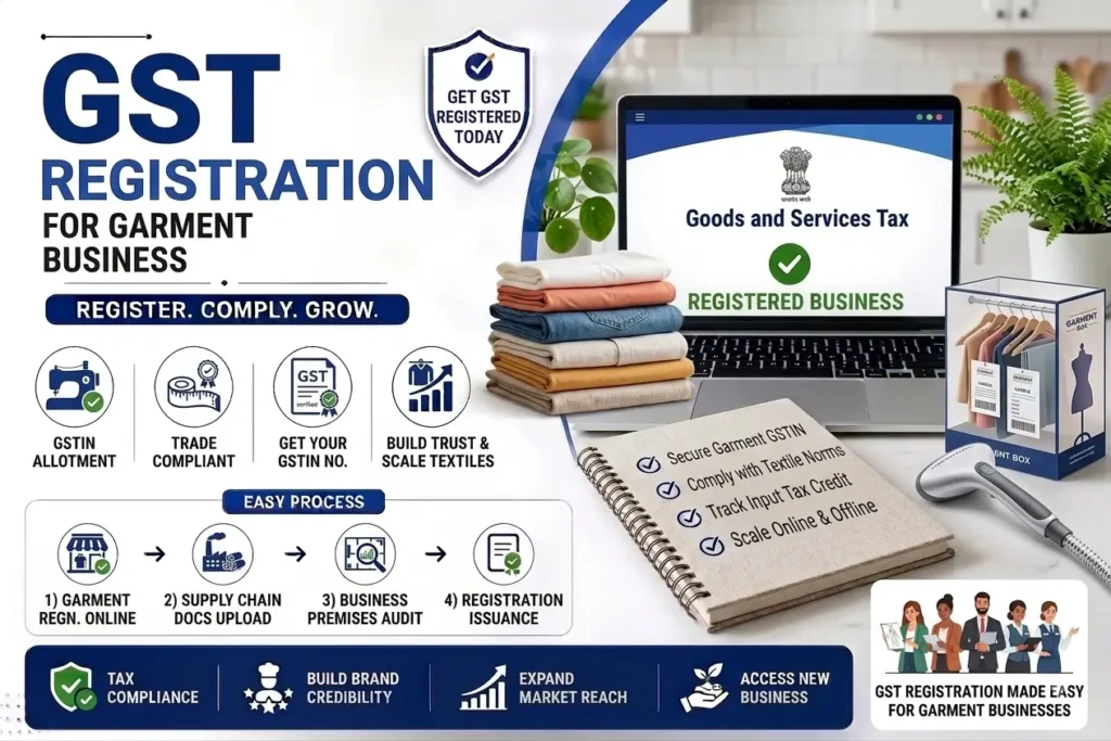 step-by-step GST registration process and document requirements for a garment business.