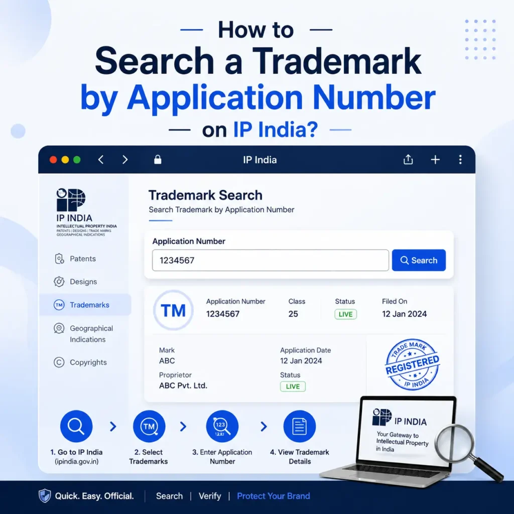Illustration showing how to search a trademark by application number on the IP India portal. The image displays the trademark search interface, application number search field, trademark status, class details, filing date, and step-by-step process to verify trademark application details online in India.