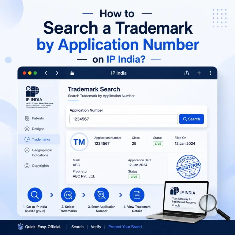 How to Search a Trademark by Application Number on IP India - SetupFiling.in Illustration showing how to search a trademark by application number on the IP India portal. The image displays the trademark search interface, application number search field, trademark status, class details, filing date, and step-by-step process to verify trademark application details online in India.