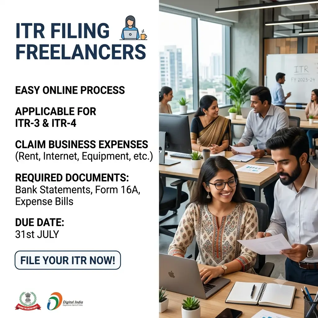 Infographic for ITR filing for freelancers in India by Setupfiling, featuring Indian professionals in a modern office business environment on the right and tax details on a white background on the left.