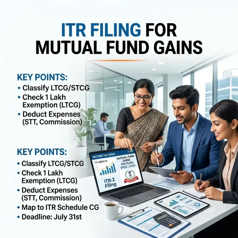 A square infographic titled "ITR FILING FOR MUTUAL FUND GAINS" featuring Indian corporate professionals in a modern office environment working on a laptop. The image displays key tax compliance points on a clean white background, highlighting LTCG/STCG classification, the 1 Lakh exemption, and mapping to ITR Schedule CG, co-branded for Setupfiling.in.