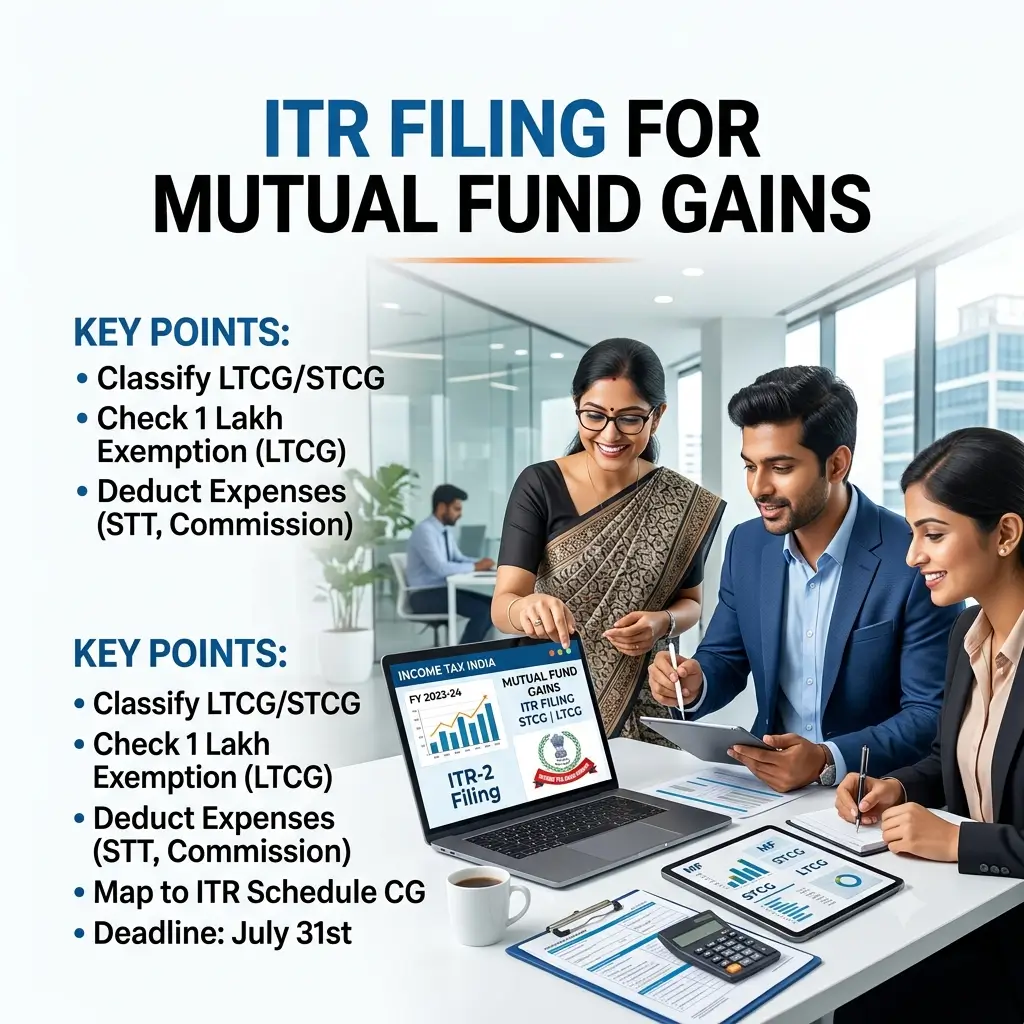 A square infographic titled "ITR FILING FOR MUTUAL FUND GAINS" featuring Indian corporate professionals in a modern office environment working on a laptop. The image displays key tax compliance points on a clean white background, highlighting LTCG/STCG classification, the 1 Lakh exemption, and mapping to ITR Schedule CG, co-branded for Setupfiling.in.
