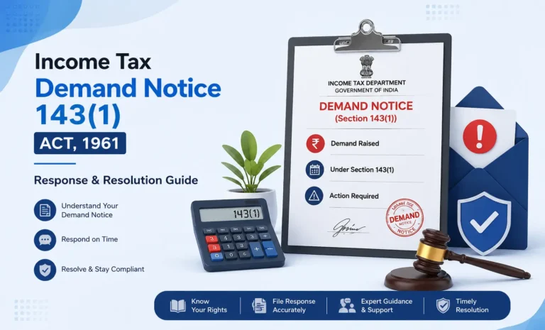Illustration of an Income Tax Demand Notice under Section 143(1) of the Income Tax Act, 1961 with response and resolution guide, demand notice, tax compliance, and expert assistance by SetupFiling India.