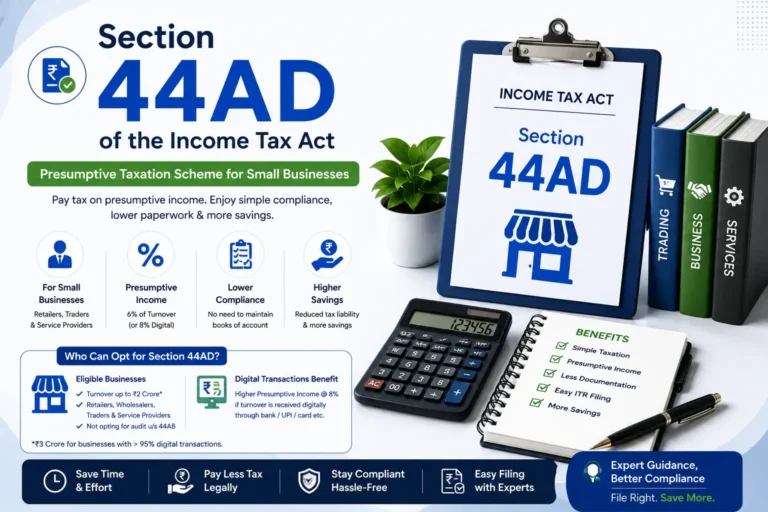 Illustration explaining Section 44AD of the Income Tax Act, featuring the presumptive taxation scheme for small businesses, simplified tax compliance, reduced paperwork, tax savings, and expert income tax filing support in India.