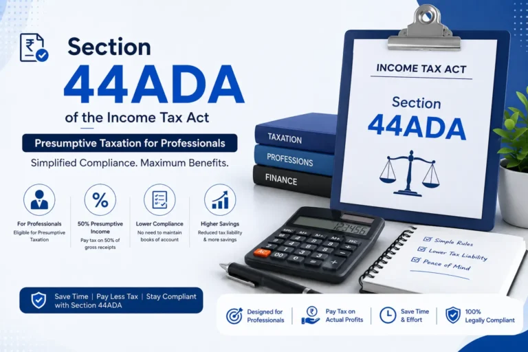 Illustration explaining Section 44ADA of the Income Tax Act, featuring presumptive taxation for professionals, simplified tax compliance, reduced paperwork, and tax savings with expert guidance from SetupFiling India.