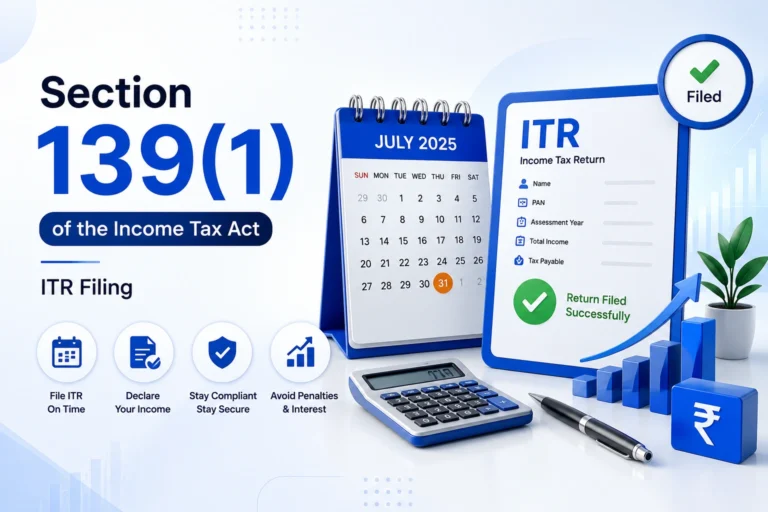 Professional infographic explaining Section 139(1) of the Income Tax Act, covering ITR filing due date, eligibility, mandatory return filing, compliance requirements, and tax return provisions in India.