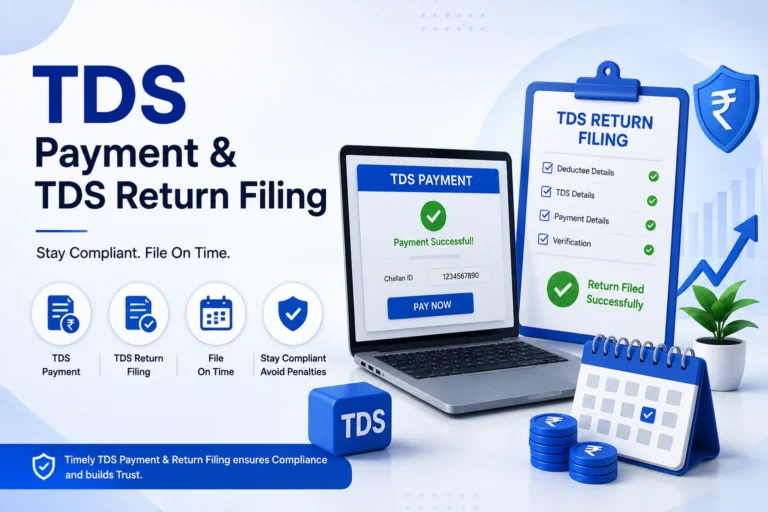 TDS Payment and TDS Return Filing Services - SetupFiling.in 3D illustration of TDS Payment and TDS Return Filing showing online payment, return filing, compliance checklist, calendar, and tax-related financial icons.