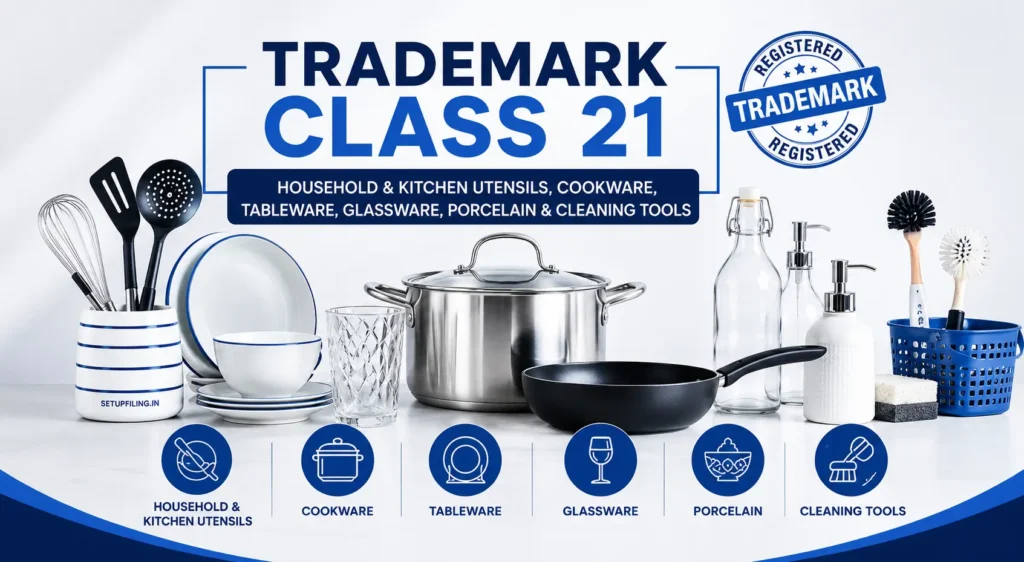 Trademark Class 21 in India covering household utensils, kitchenware, cookware, tableware, glassware, porcelain, cleaning tools and domestic containers.