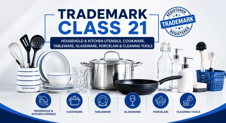 Register Your Trademark in Class 21 for Household & Kitchen Utensils in India - SetupFiling.in Trademark Class 21 in India covering household utensils, kitchenware, cookware, tableware, glassware, porcelain, cleaning tools and domestic containers.