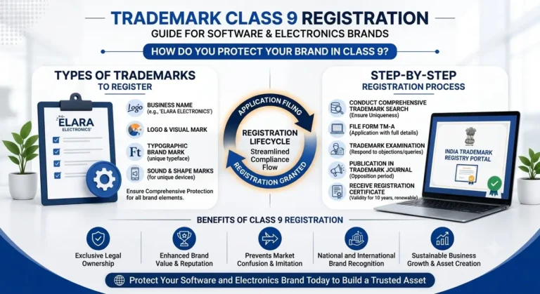 Trademark Class 9 registration in India covering software, electronics, computer hardware, mobile apps, scientific devices and electronic products.