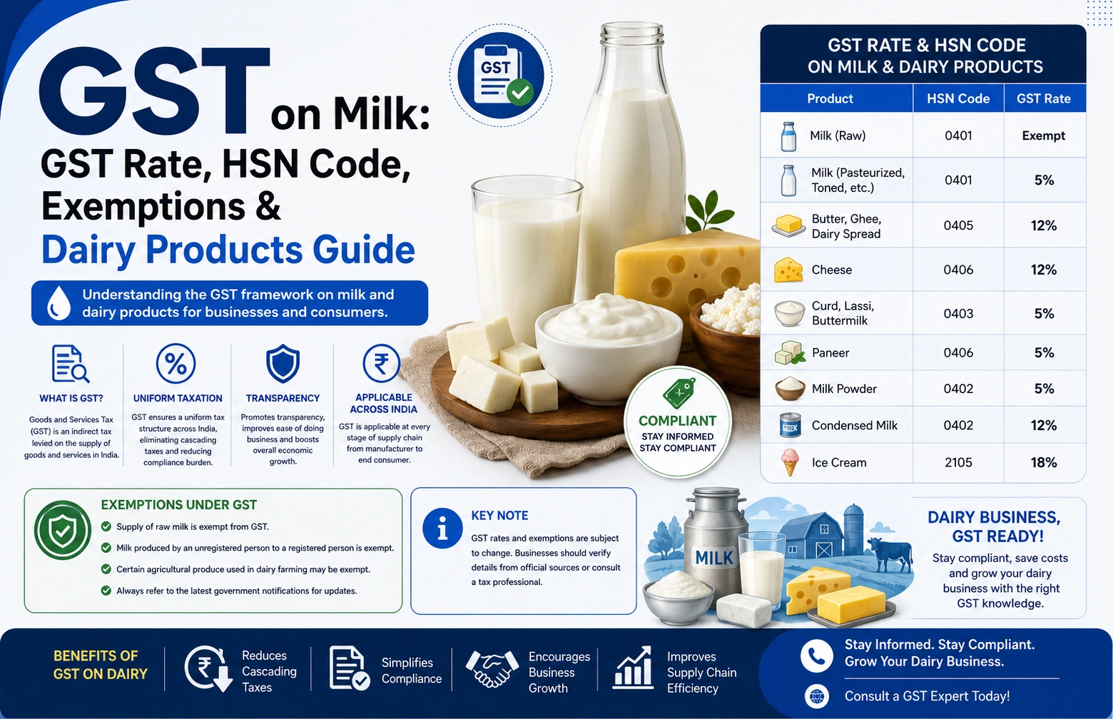 GST on milk - GST rate, HSN code, exemptions and dairy products guide