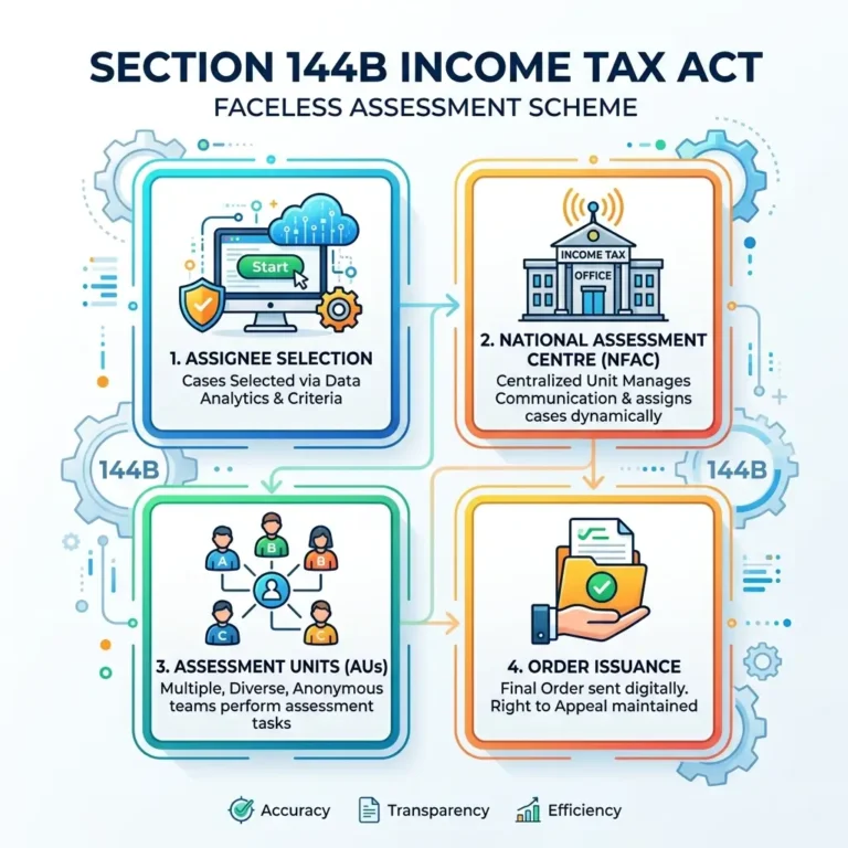 Infographic diagram of Section 144B of the Income Tax Act, 1961, illustrating the Faceless Assessment Scheme workflow including NFAC, RFAC, Assessment Units, and the case flow from selection to final order.