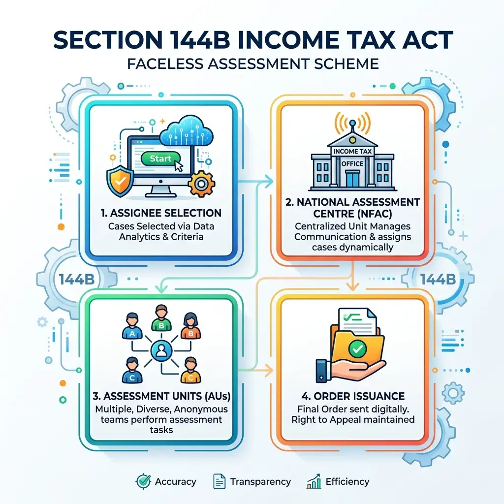 Section 144B of Income Tax Act :Faceless Assessment 1 Infographic diagram of Section 144B of the Income Tax Act, 1961, illustrating the Faceless Assessment Scheme workflow including NFAC, RFAC, Assessment Units, and the case flow from selection to final order.