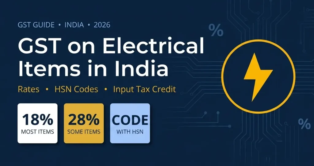 Infographic outlining the GST (Goods and Services Tax) for Electrical Items in India for 2026. Includes 18% and 28% tax rates, HSN Codes, and Input Tax Credit.