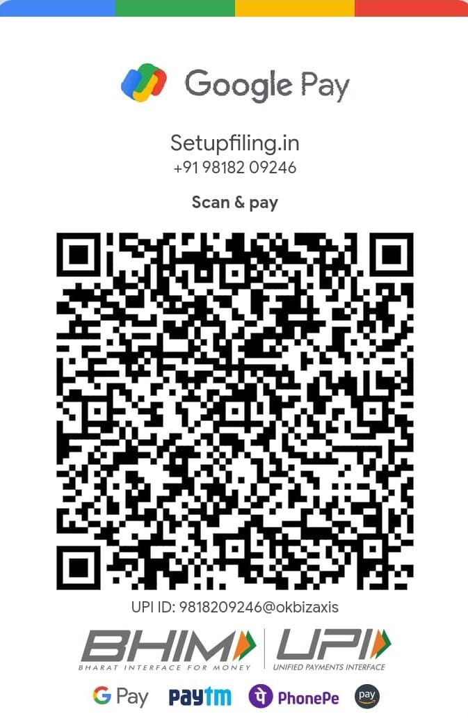 Scan the SetupFiling.in Google Pay QR code to make secure online payments for GST registration, trademark registration, company registration, and other business compliance services in India.