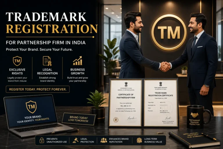 Trademark Registration for Partnership Firm in India - SetupFiling.in Premium illustration of Trademark Registration for a Partnership Firm in India showing two business partners shaking hands with a glowing TM trademark symbol, professional office environment, laptop, legal documents, and business tools representing brand protection, intellectual property rights, and online trademark registration services.