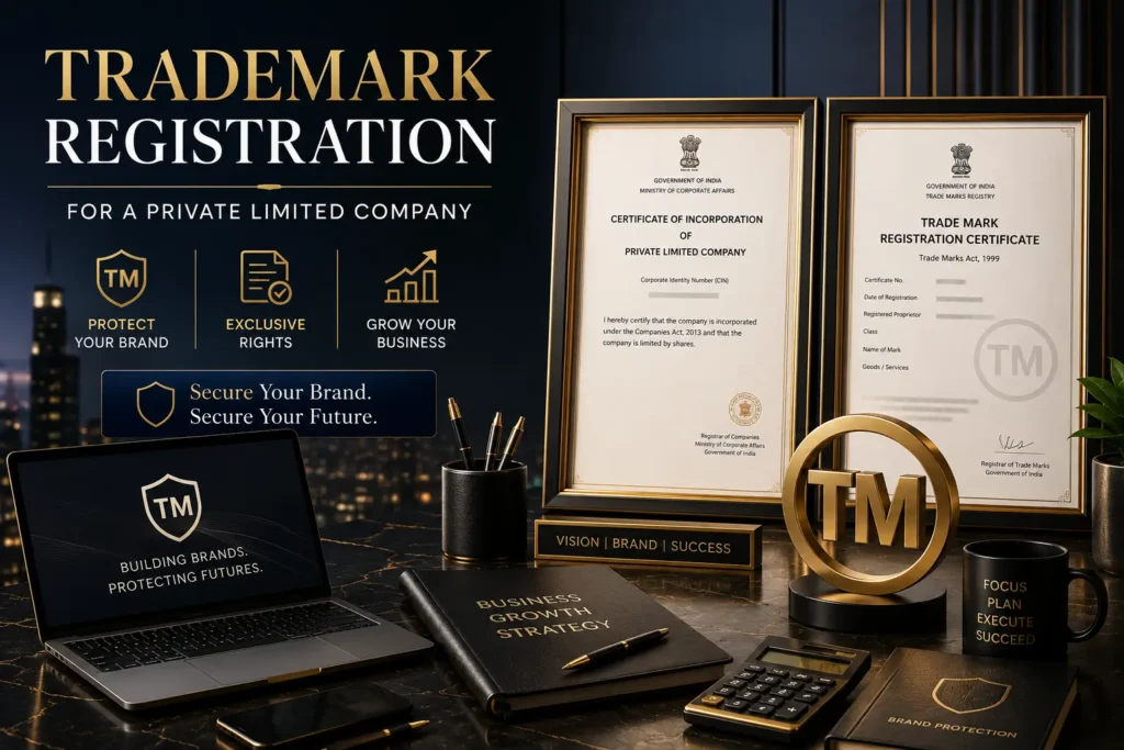 Trademark Registration for Private Limited Company in India - SetupFiling.in Premium illustration of Trademark Registration for a Private Limited Company in India featuring a Certificate of Incorporation, TM trademark symbol, laptop, legal business documents, and professional office workspace for brand protection and intellectual property registration.