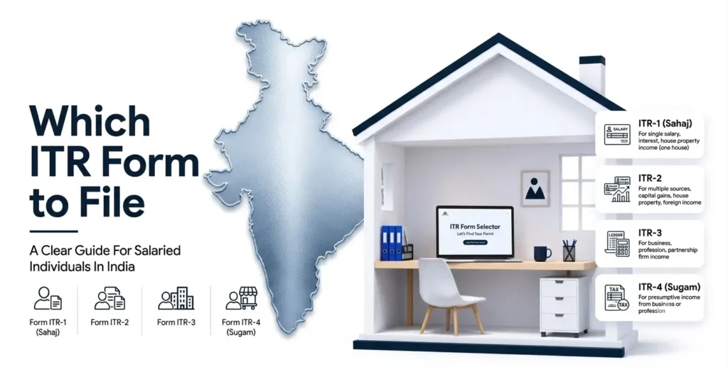 Which ITR Form to File for Salaried Person'. A silver-textured map of India is centrally located. On the right, a stylized 3D home-office is shown with a laptop displaying 'ITR Form Selector