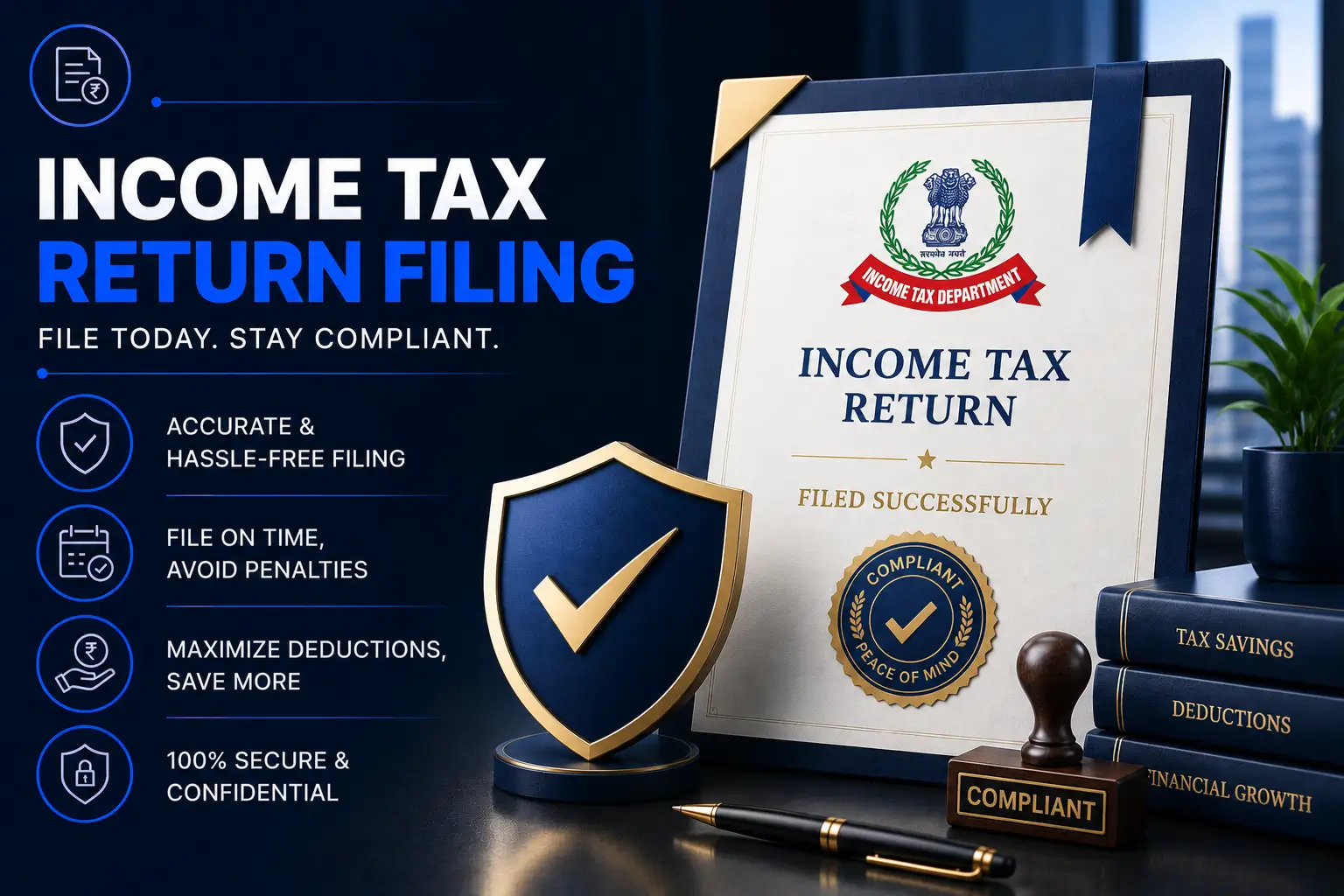 An entrepreneur reviewing tax documents on a laptop with a mug of coffee, preparing for income tax return filing.