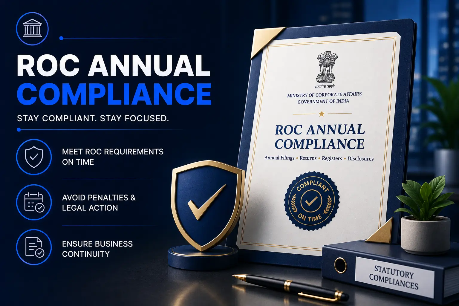 A business owner and corporate secretary reviewing financial compliance papers and submitting an ROC Annual Filing online.