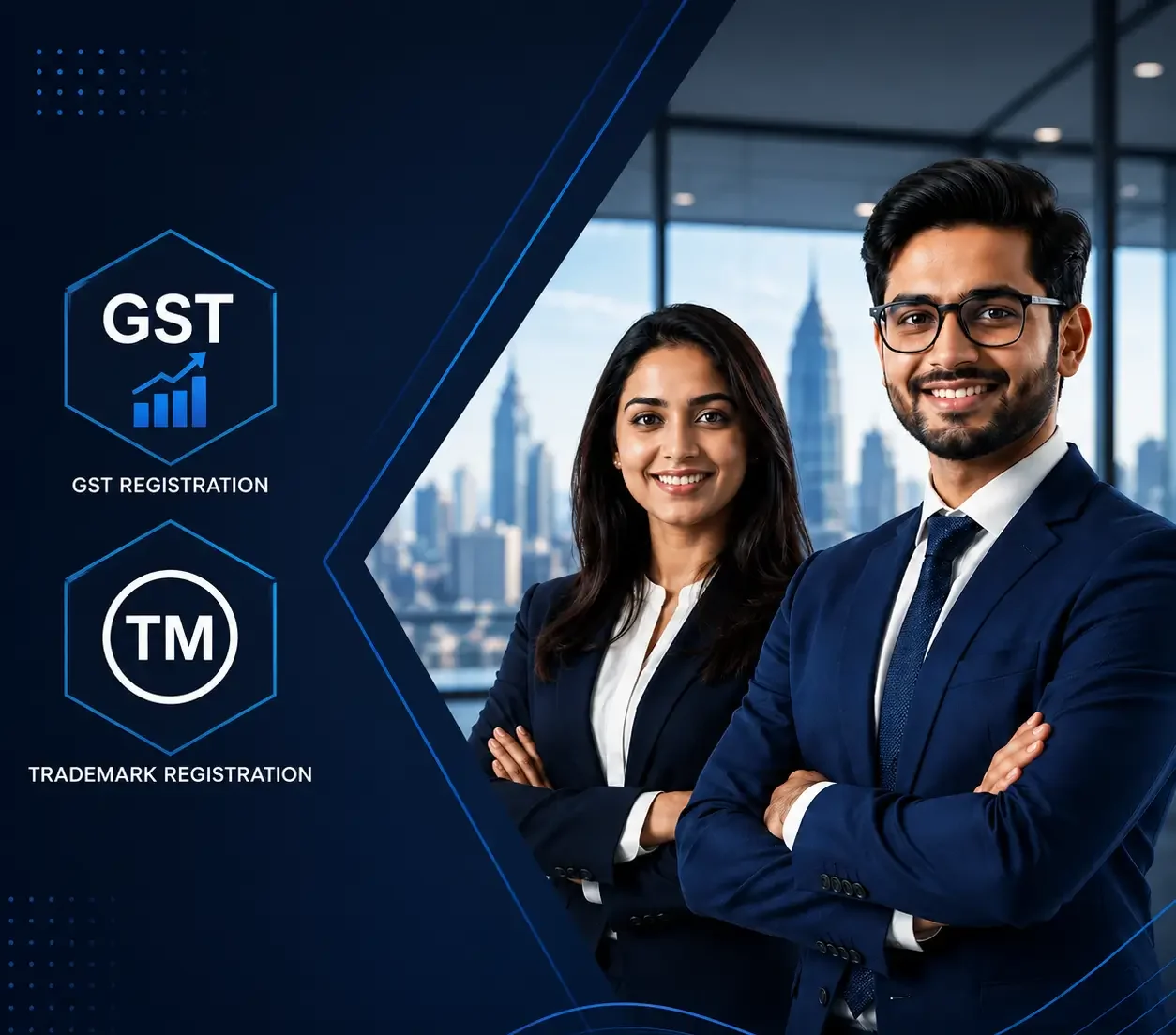 Blog for New Business - SetupFiling.in Professional business man and woman in a modern corporate office with dark blue background