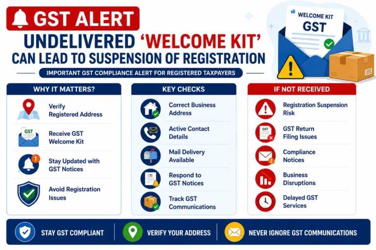 Infographic explaining that an undelivered GST Welcome Kit can lead to suspension of GST registration, including key checks, compliance requirements, and preventive steps for registered taxpayers in India.