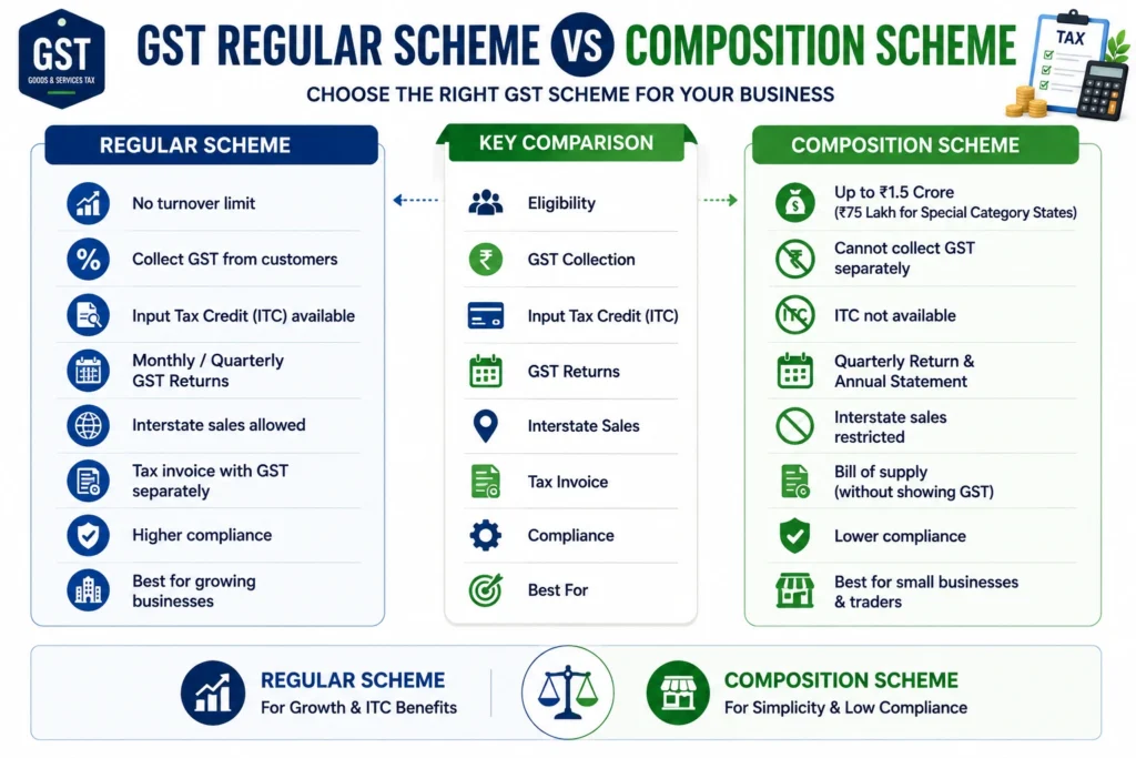 Infographic comparing the GST Regular Scheme vs Composition Scheme in India, covering eligibility, turnover limits, GST collection, Input Tax Credit (ITC), GST returns, invoicing, interstate sales, and compliance requirements.