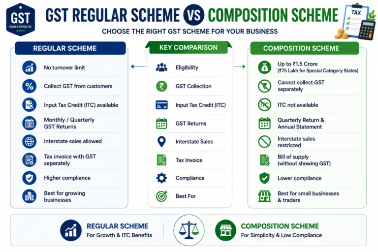 Infographic comparing the GST Regular Scheme vs Composition Scheme in India, covering eligibility, turnover limits, GST collection, Input Tax Credit (ITC), GST returns, invoicing, interstate sales, and compliance requirements.