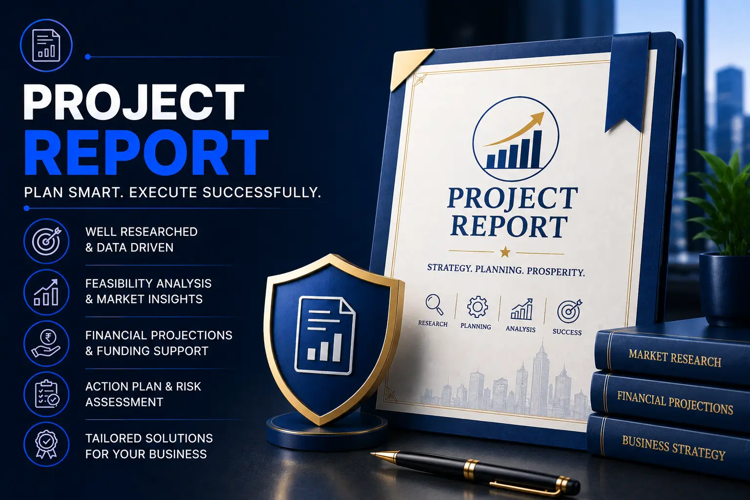 A business founder analyzing charts, financial projections, and a printed project report at a office desk.