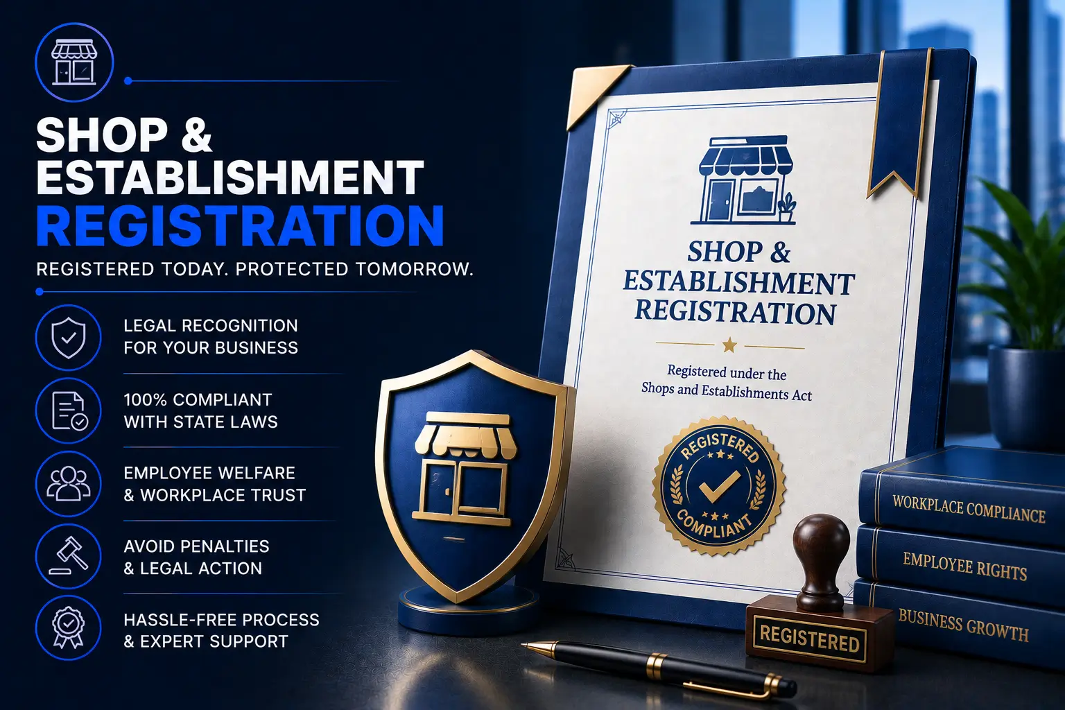 An online portal displayed on a laptop screen showing a shop and establishment registration certificate alongside business documents.