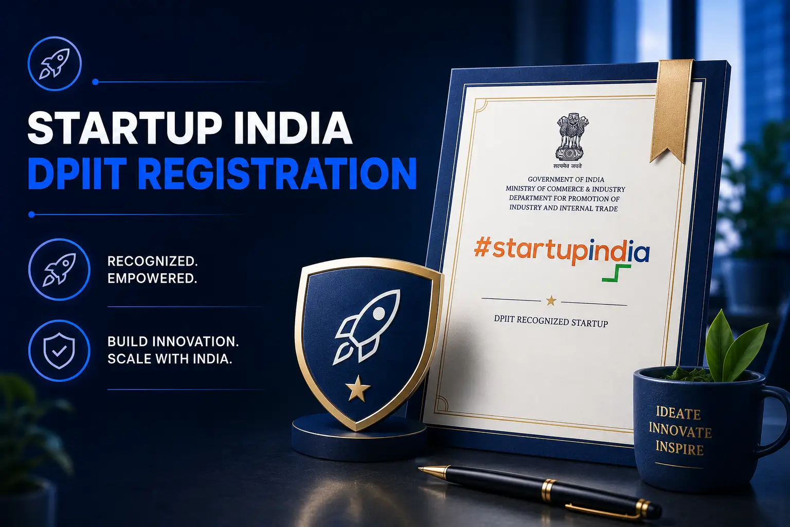 An entrepreneur receiving a digital Startup India - DPIIT Registration certificate on a tablet.