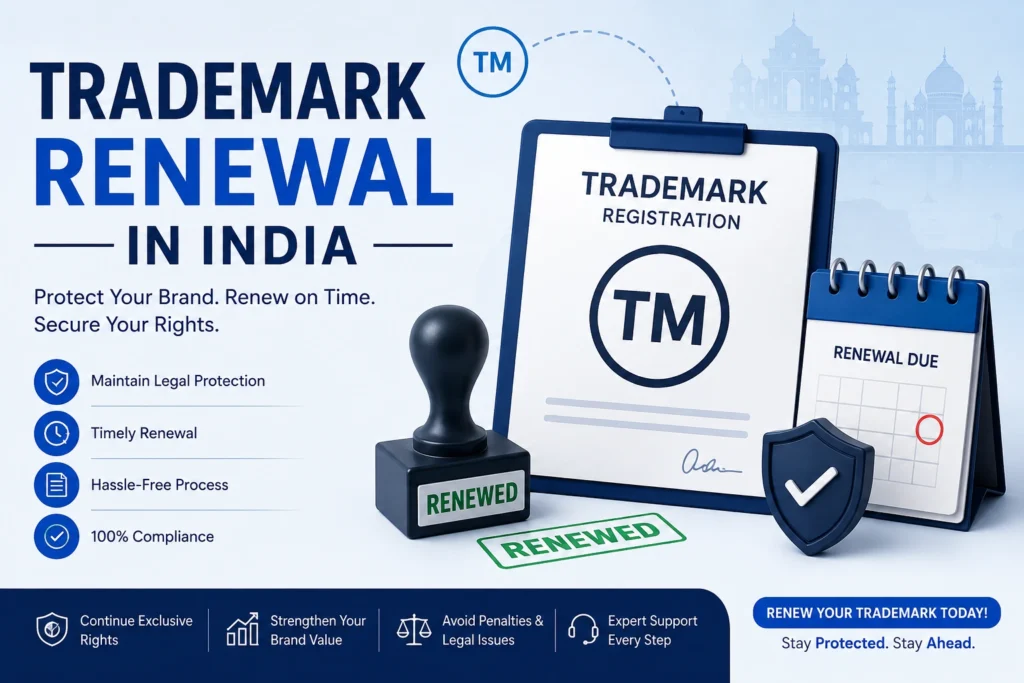 Trademark Renewal in India online showing trademark registration certificate, renewal stamp, calendar, and legal protection for brand renewal services.