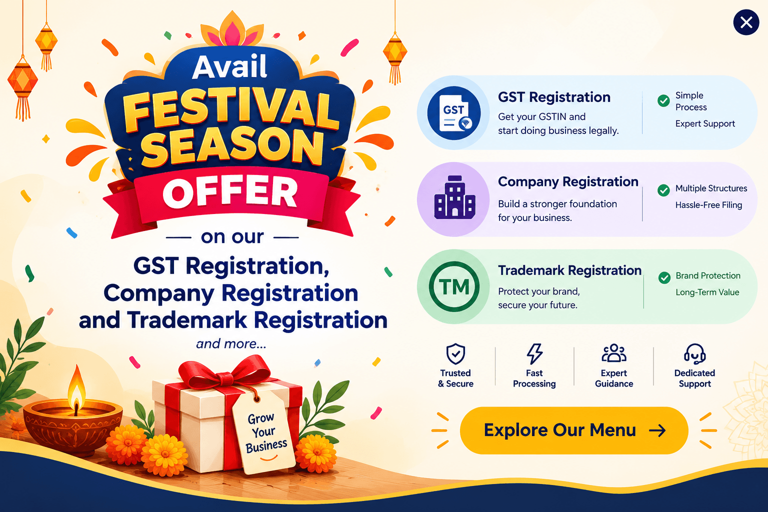 Festival season registration offer on GST, trademark and return filing at Setupfiling
